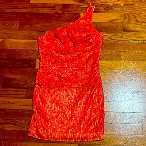 Elegant Red-Tangerine One-Shoulder Lacey Dress Side Zipper size S/P BEBE